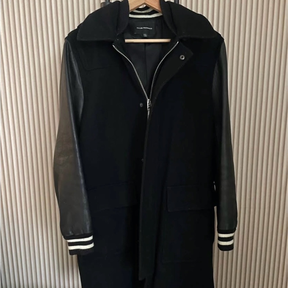 Mens Black Wool & Leather Sleeve Coat